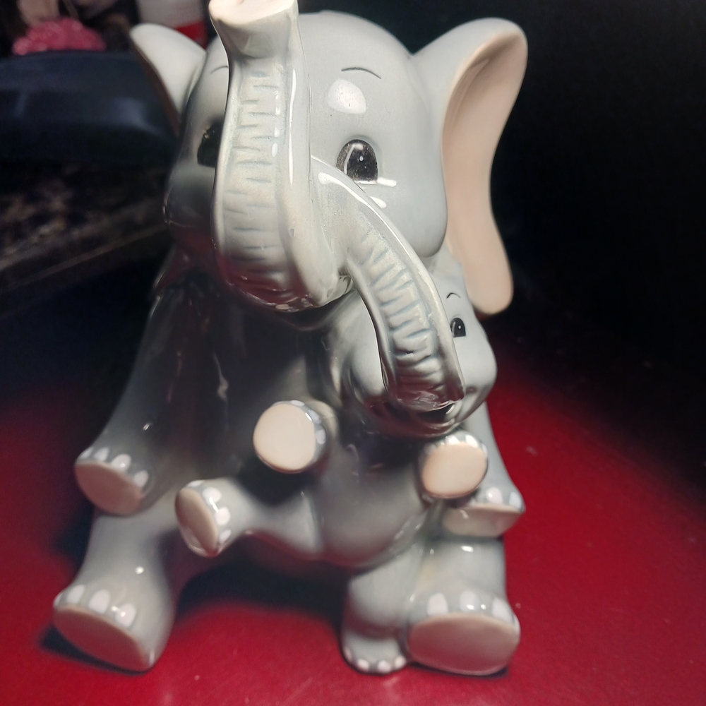 Mom And Baby Gray Ceramic Elephant Piggy Bank. Pale Pink Accents